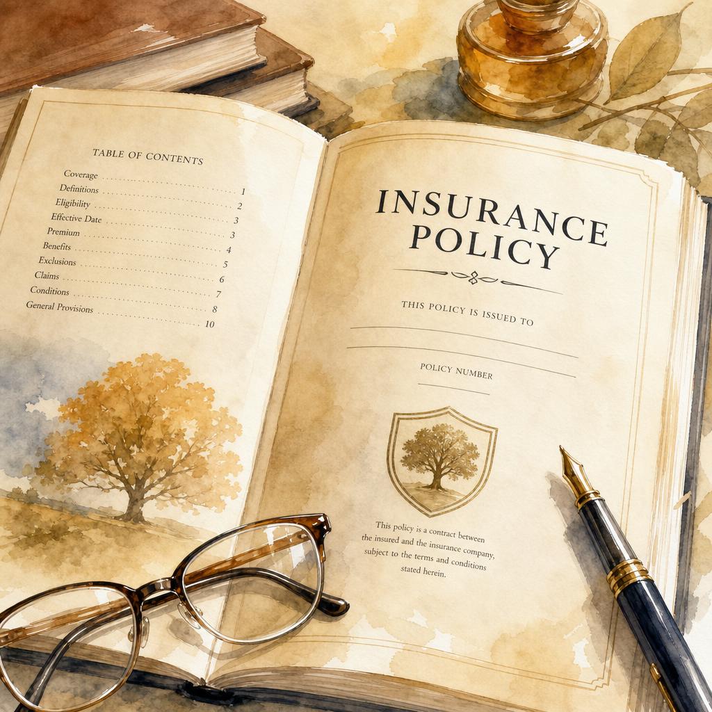 Insurance policy document with reading glasses